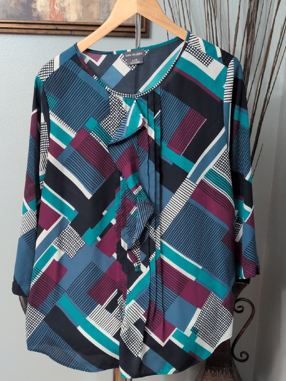 Van Heusen Teal, Plum & Navy Geometric Ruffled Blouse